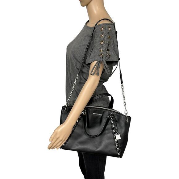 MICHAEL Michael Kors Sadie Leather Satchel in Black with Silver Hardware - Picture 2 of 16